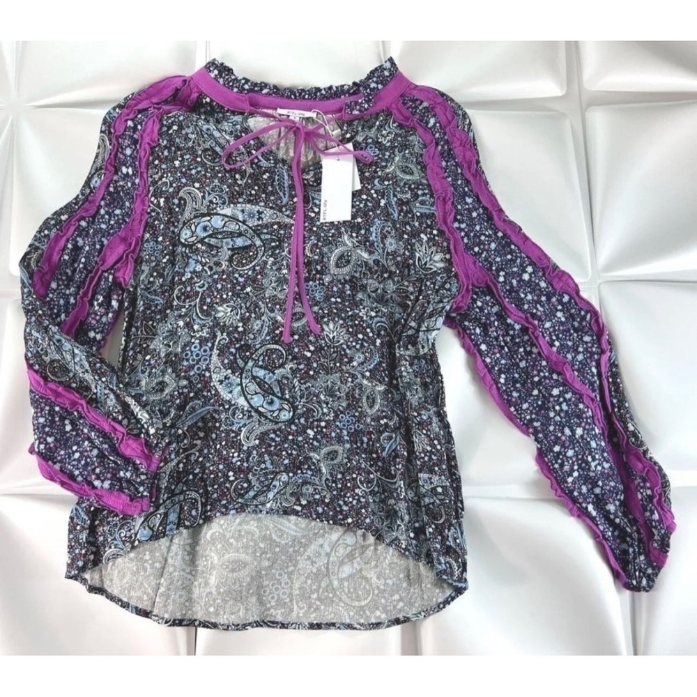 BTFL-life Womens Sz S Colorful Paisley Print Ruffled Metallic Tunic Top NEW